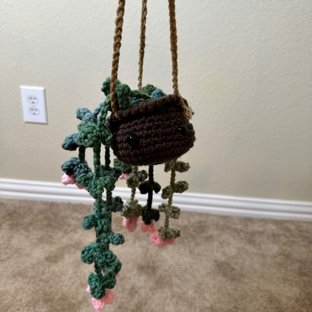 Handmade Crochet Car Mirror Hanging Plant Brown Pot Pink Flowers Green Vines